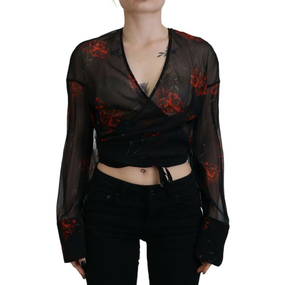 Dsquared² Black Floral Print Cropped Wrap Long Sleeves Women's Top
